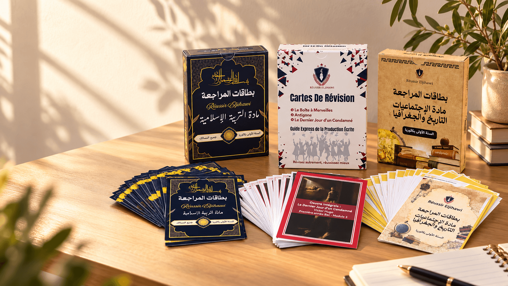 علب بطاقات المراجعة ديال الفرنسية والتربية الإسلامية والاجتماعيات، مع نماذج من البطاقات